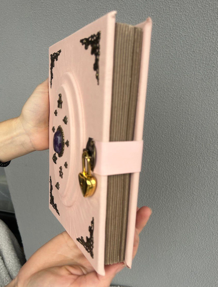Powder Pink Amethyst Grimoire - Handmade Leather Witchcraft Journal • Heart-Lock Spellbook • Mystical Gift Book