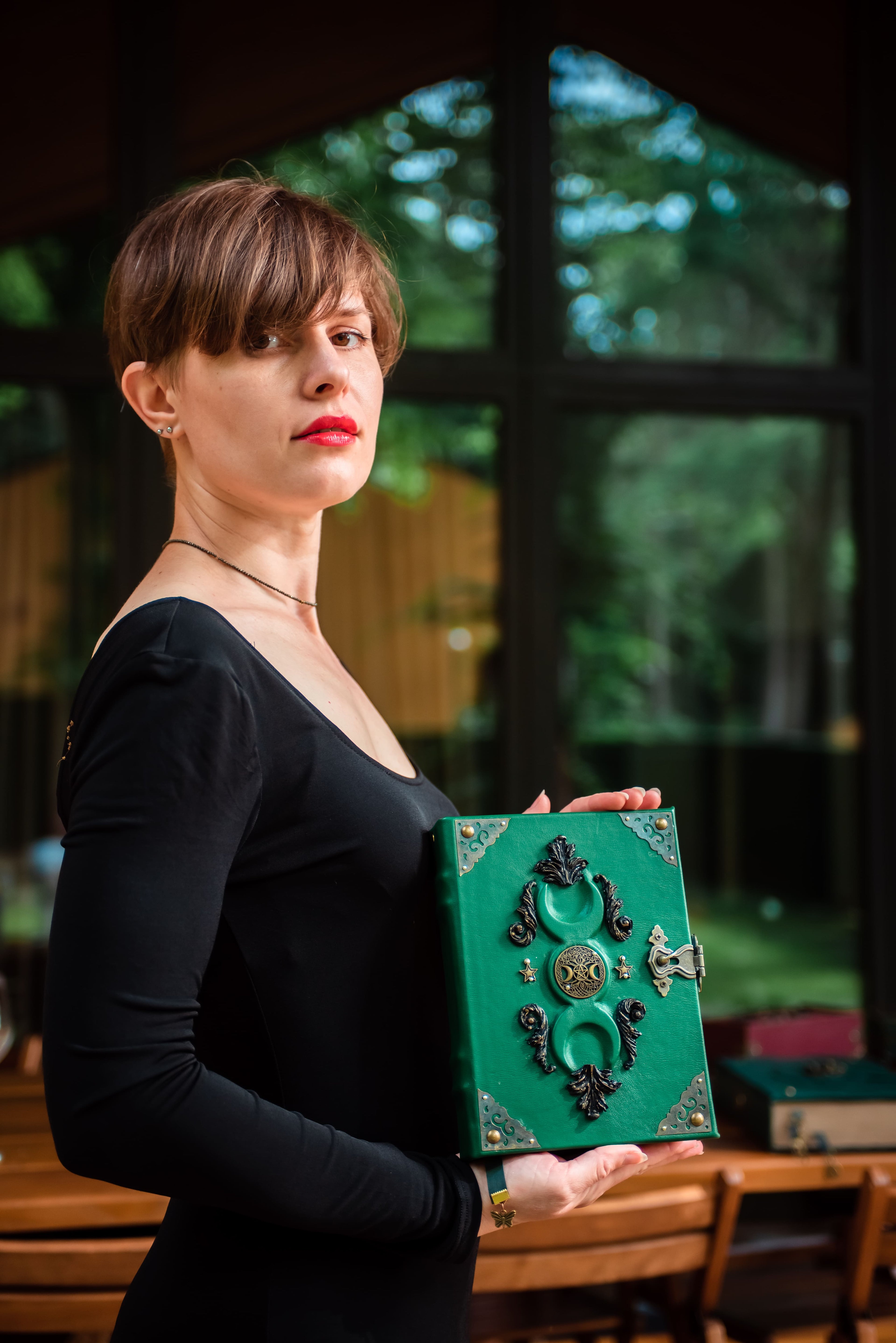 Green Moon Leather Grimoire | Handmade Triple Moon Journal for Witches & Spiritual Seekers