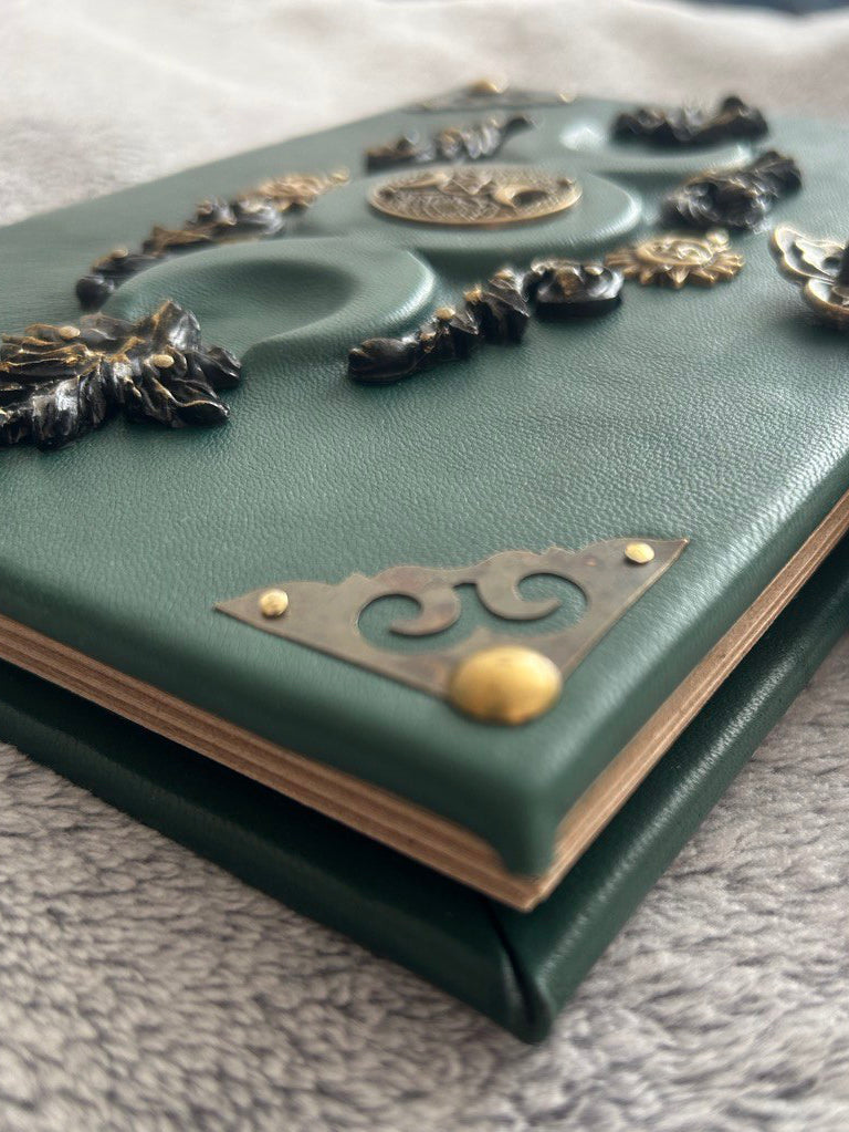 Green Triple Moon Leather Grimoire - Handmade Witchcraft Journal A5/A4 • Locking Spellbook • Eco Kraft Pages