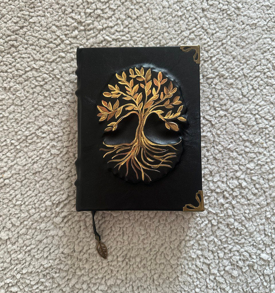 Tree of Life Genealogy Grimoire Handmade Black Leather Family History Journal • Space Endpaper