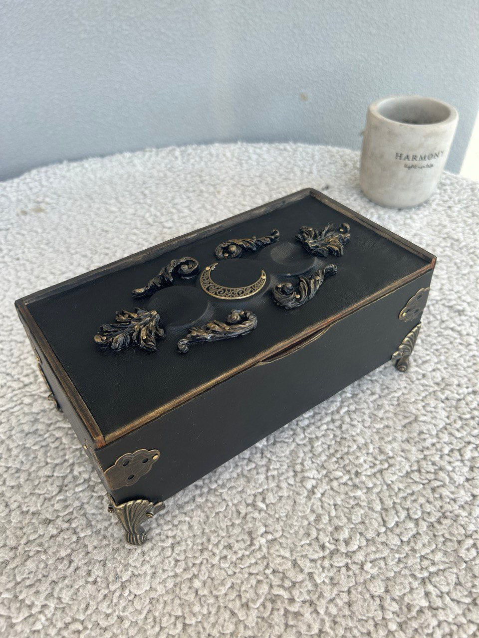 Gothic Black Leather Tarot Box – Witch Altar Storage for Runes & Jewelry