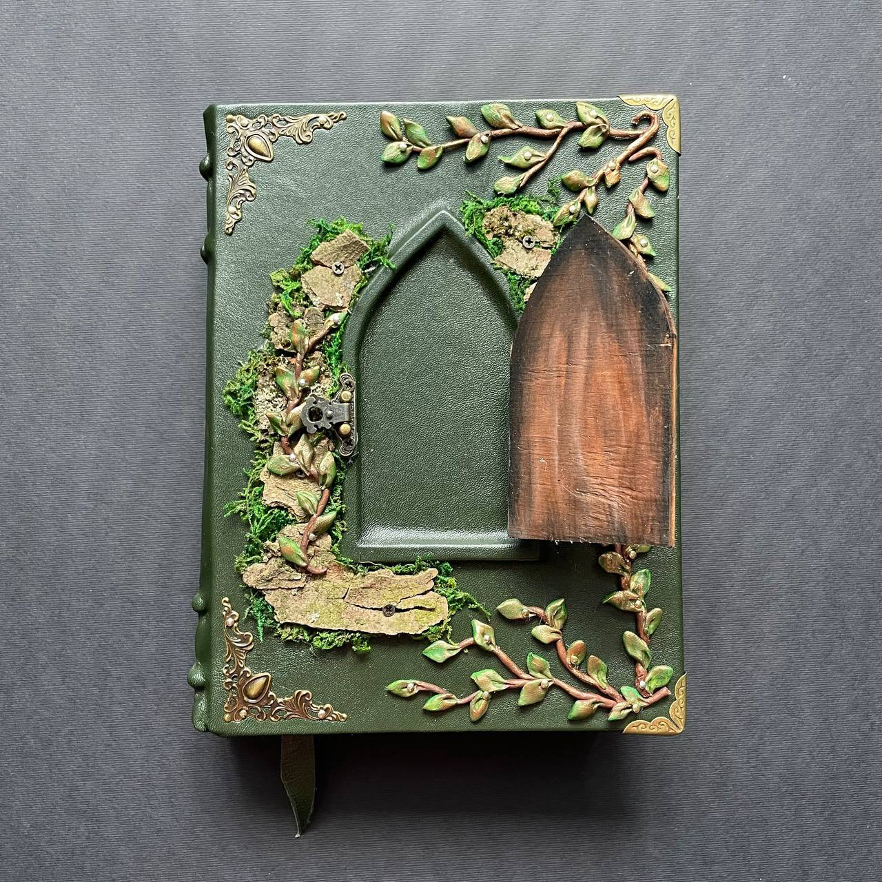The Door to Fairyland Grimoire – Green Leather Journal with Working Door, Personalized Message