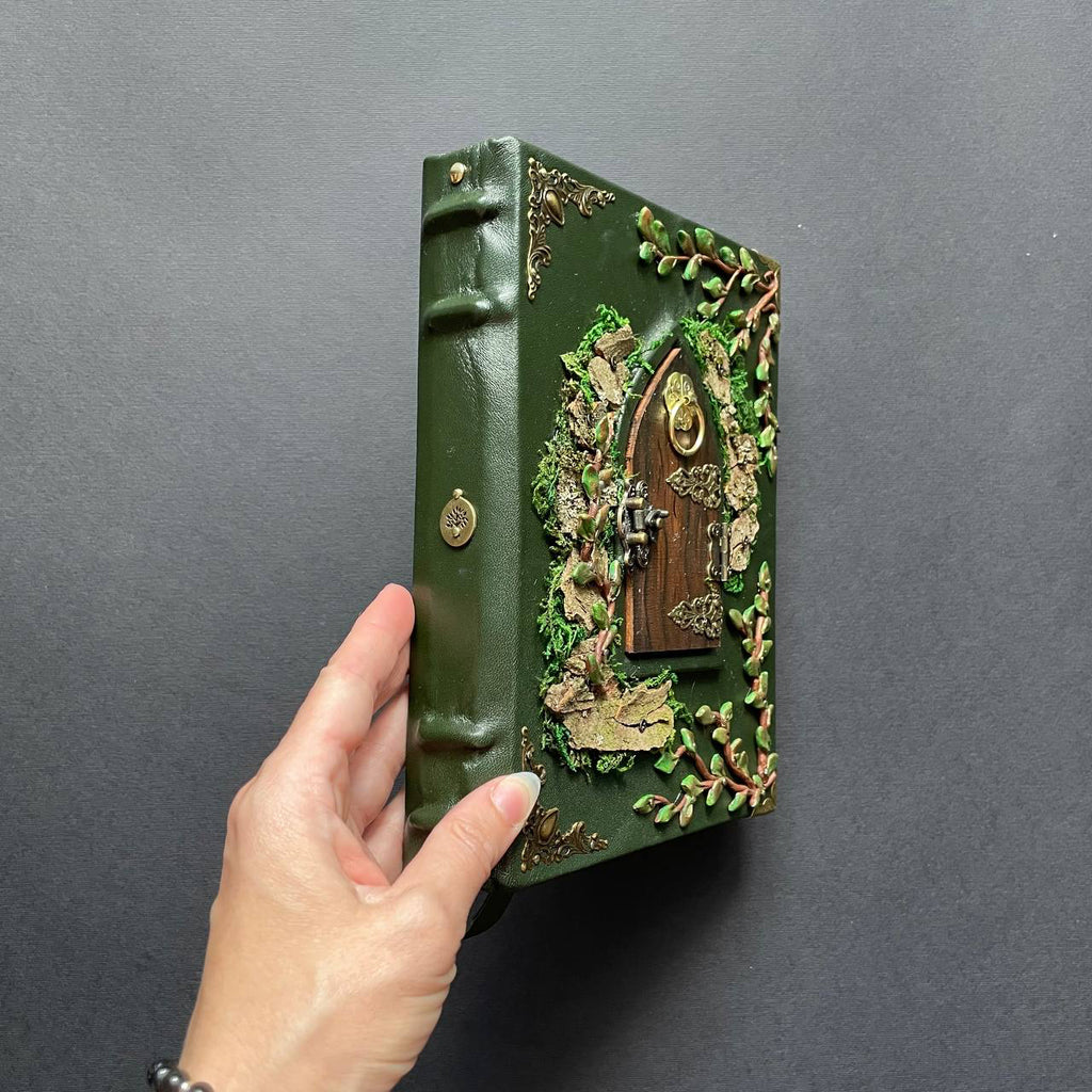 The Door to Fairyland Grimoire – Green Leather Journal with Working Door, Personalized Message