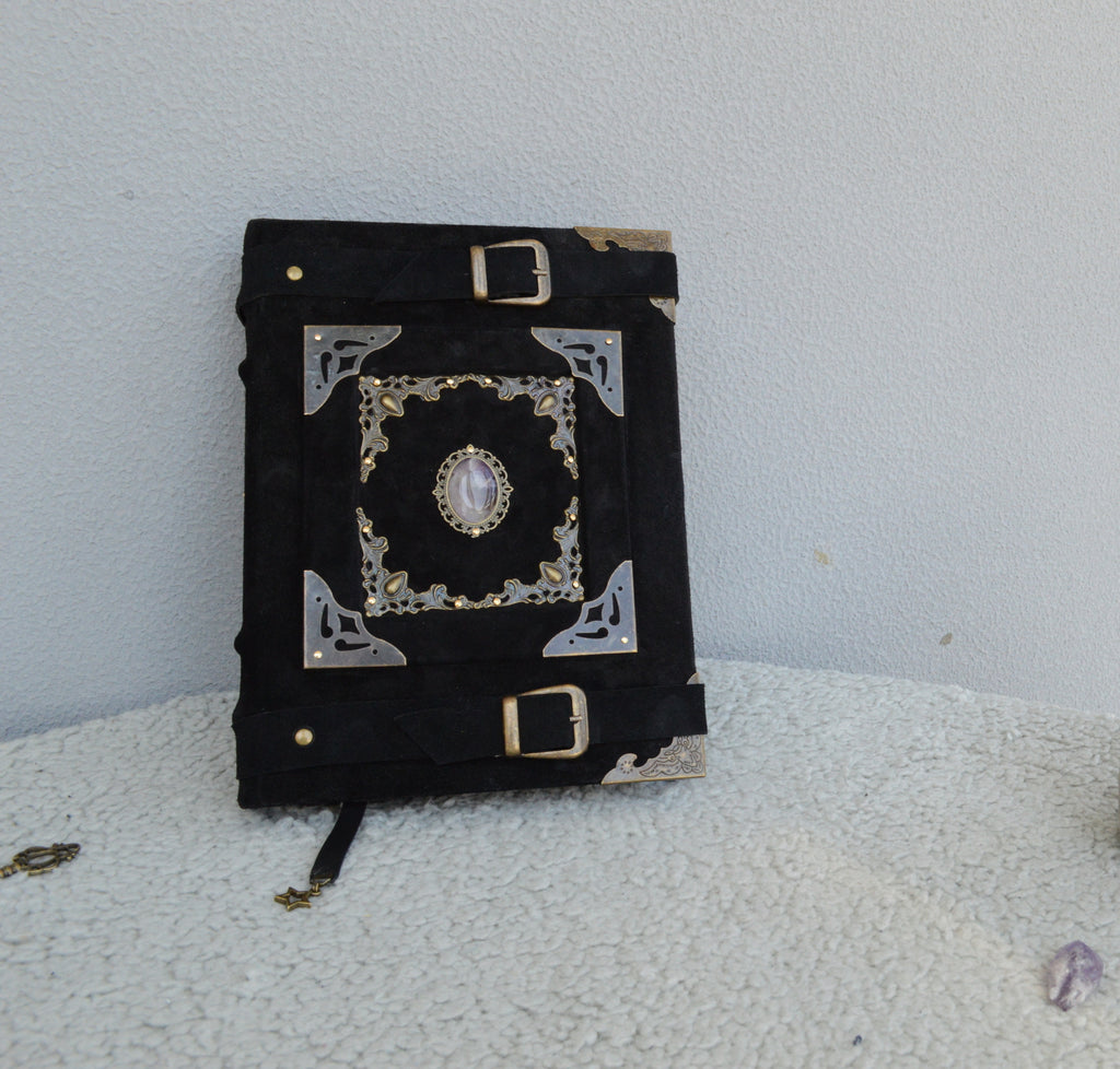 Medieval Black Suede Grimoire Handmade Spellbook with Amethyst • Buckle Straps & Bronze Details
