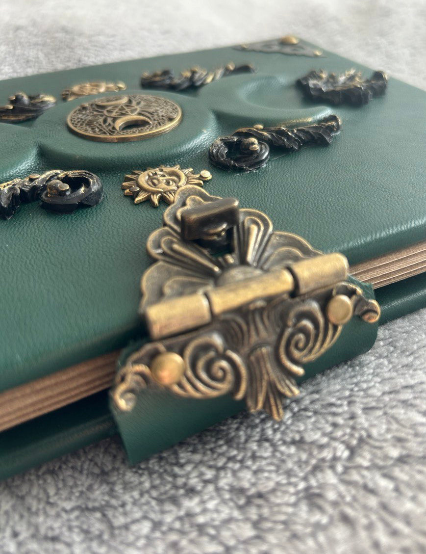Green Triple Moon Leather Grimoire - Handmade Witchcraft Journal A5/A4 • Locking Spellbook • Eco Kraft Pages