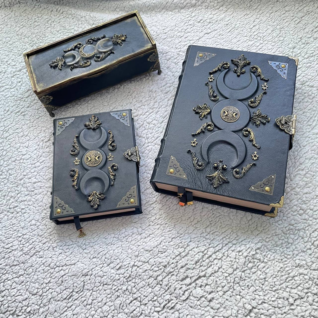 Black Moon Esoteric Set – Handmade Grimoire Duo & Gothic Witch Chest