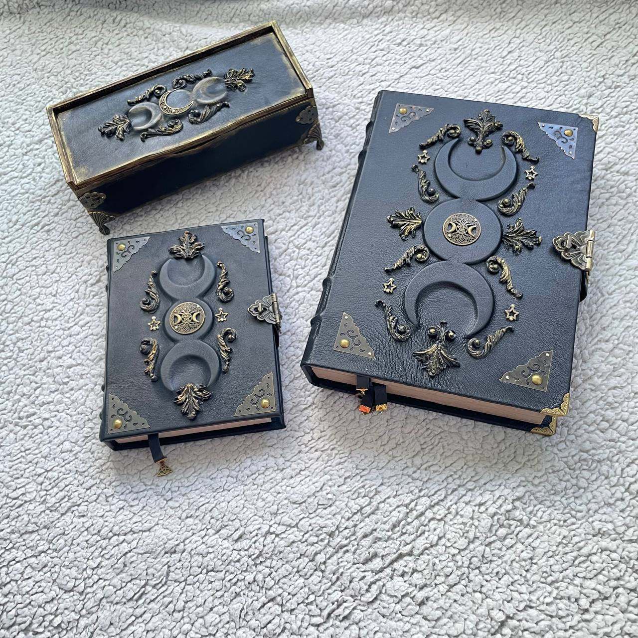 Black Moon Esoteric Set – Handmade Grimoire Duo & Gothic Witch Chest