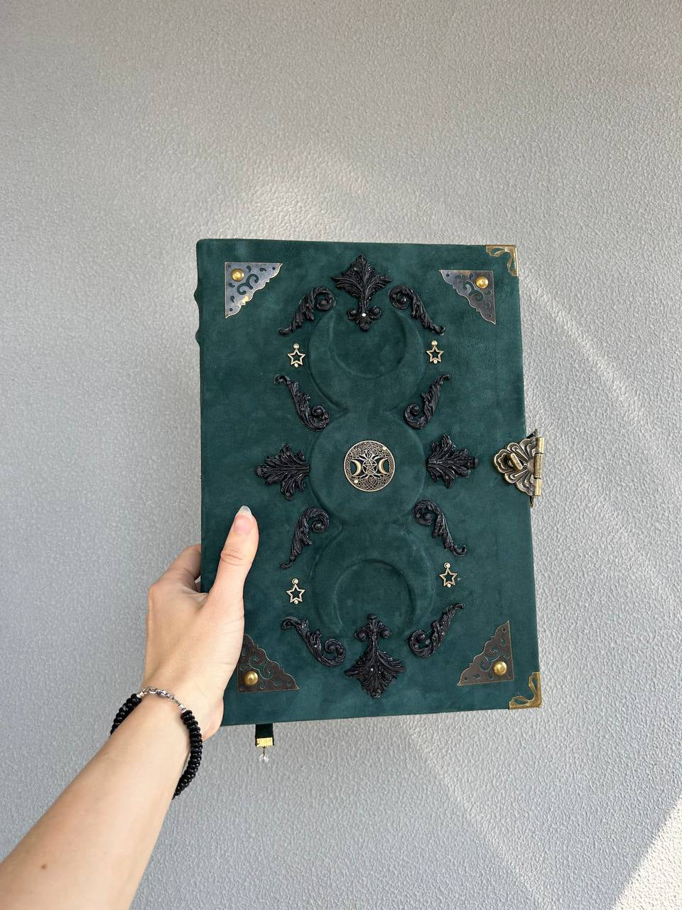 Triple Moon Grimoire - Handcrafted Lunar Witch Journal • Leather Book of Shadows
