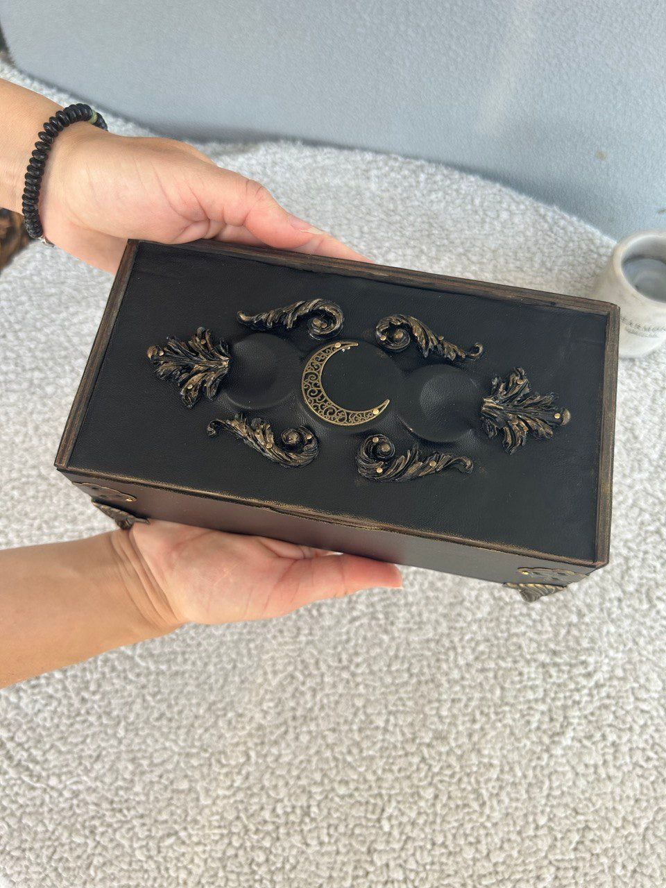 Gothic Black Leather Tarot Box – Witch Altar Storage for Runes & Jewelry