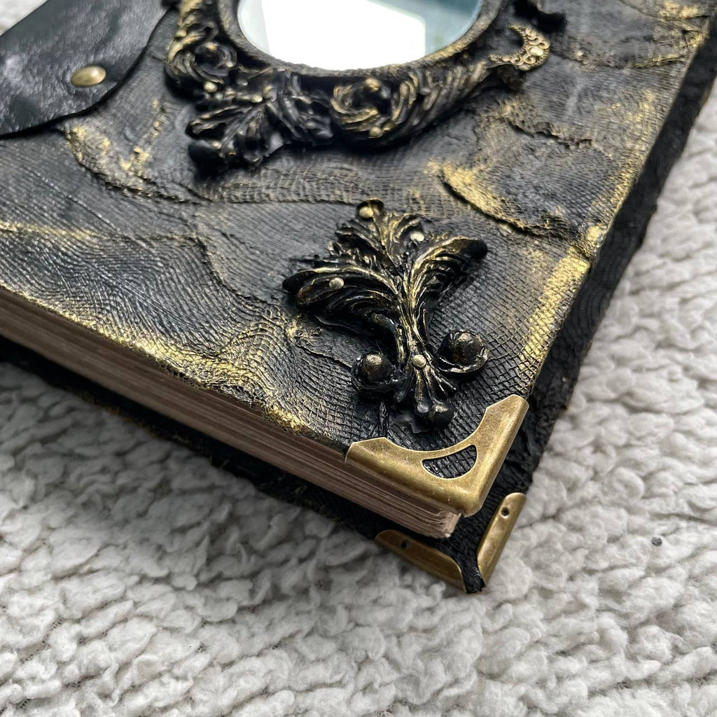 Handmade Mirror Grimoire – Leather Witch Journal with Vintage Effect