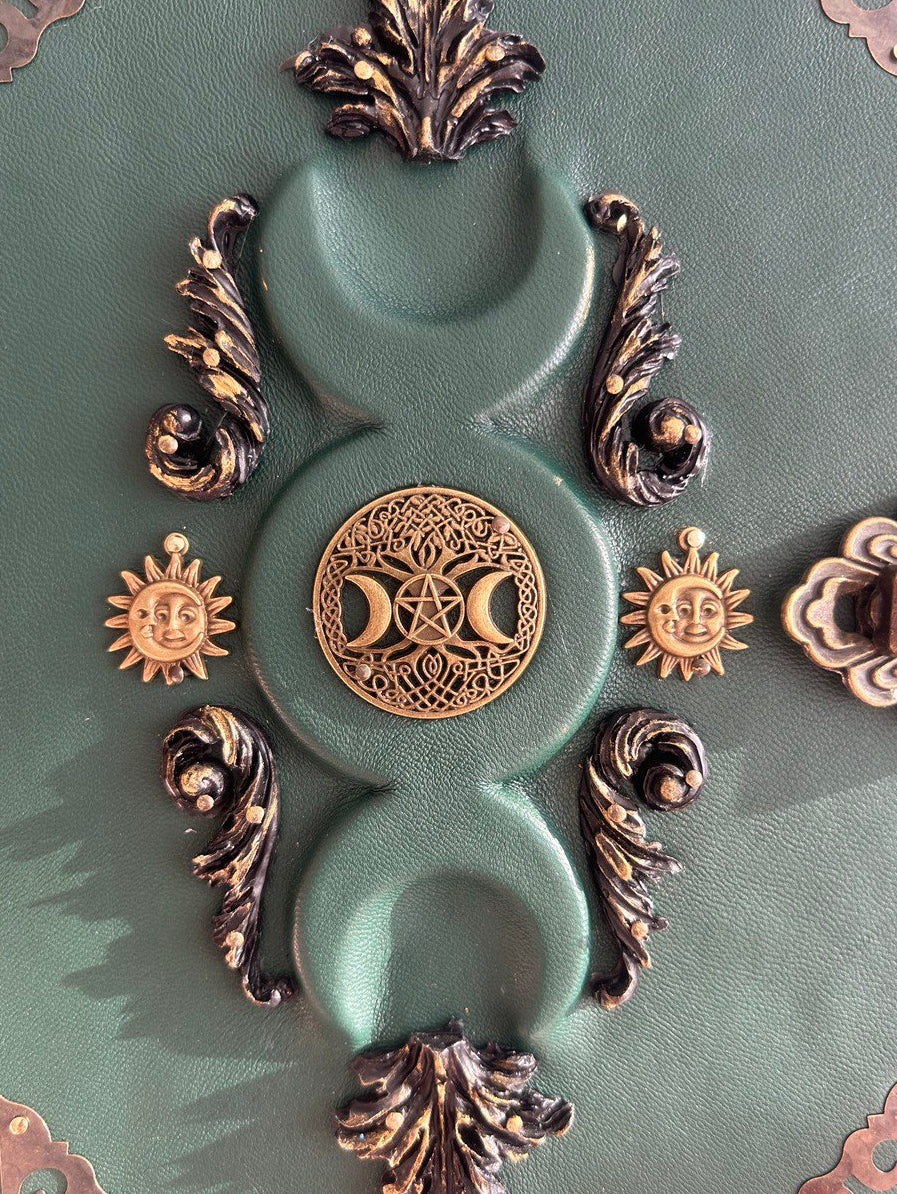 Green Triple Moon Leather Grimoire - Handmade Witchcraft Journal A5/A4 • Locking Spellbook • Eco Kraft Pages