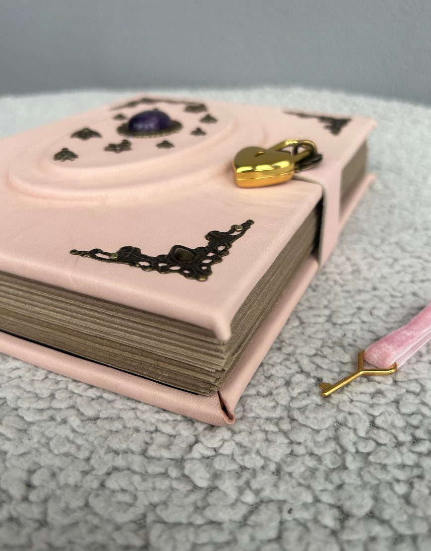 Powder Pink Amethyst Grimoire - Handmade Leather Witchcraft Journal • Heart-Lock Spellbook • Mystical Gift Book