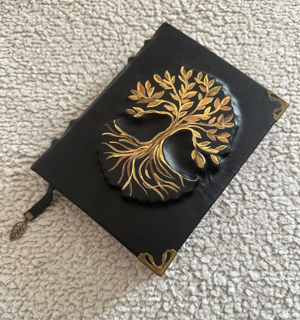Tree of Life Genealogy Grimoire Handmade Black Leather Family History Journal • Space Endpaper