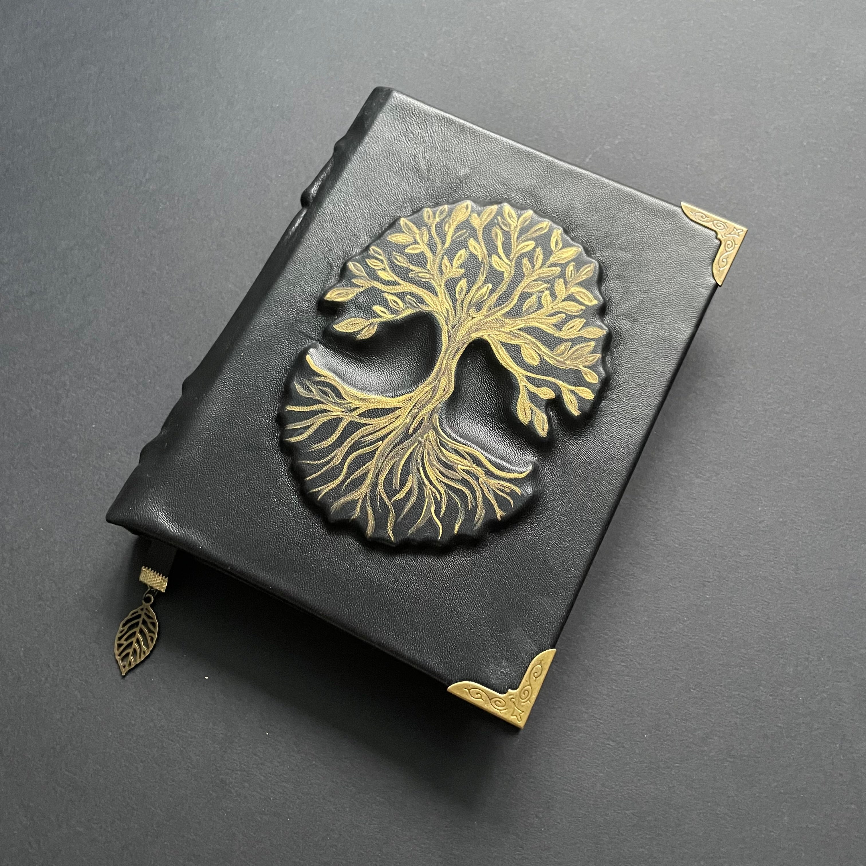 Tree of Life Genealogy Grimoire Handmade Black Leather Family History Journal • Space Endpaper