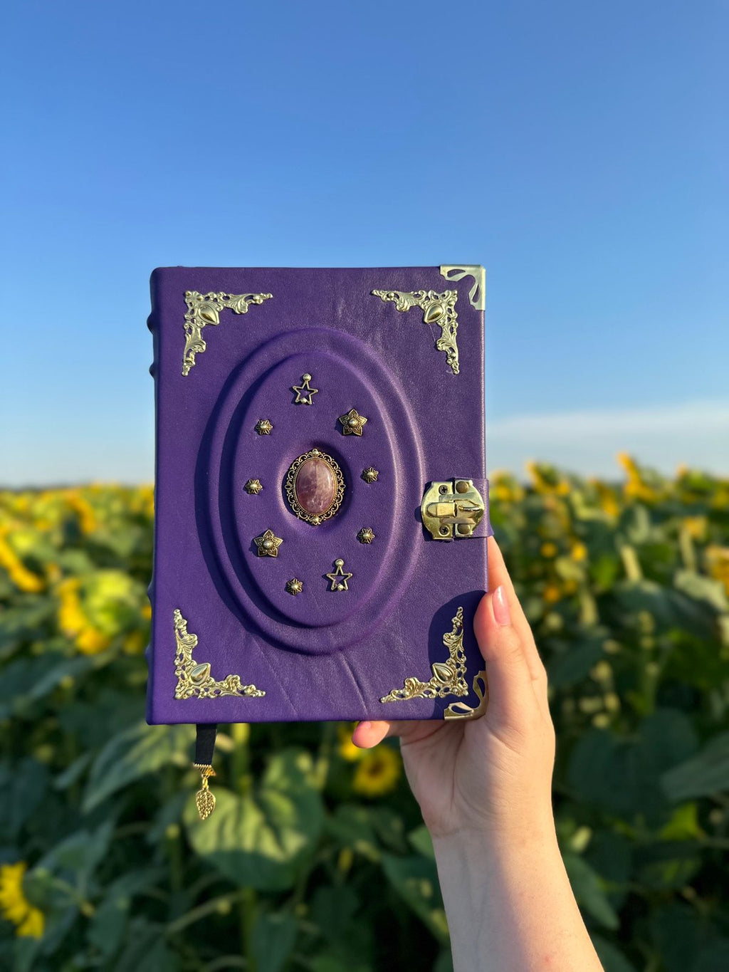 Purple Amethyst Grimoire • Leather Spellbook with Crystal & Lock • Handmade Wiccan Book of Shadows