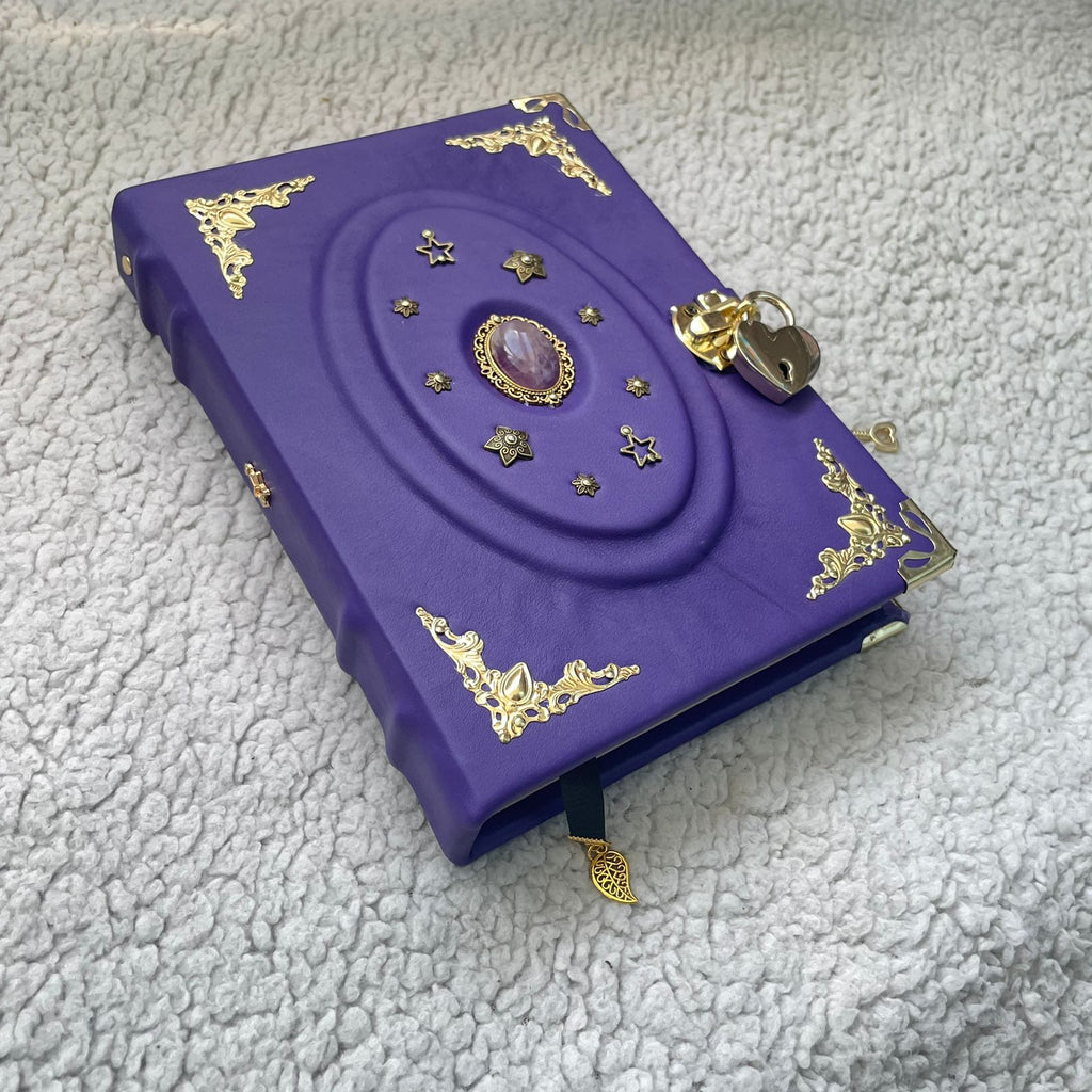 Purple Amethyst Grimoire • Leather Spellbook with Crystal & Lock • Handmade Wiccan Book of Shadows