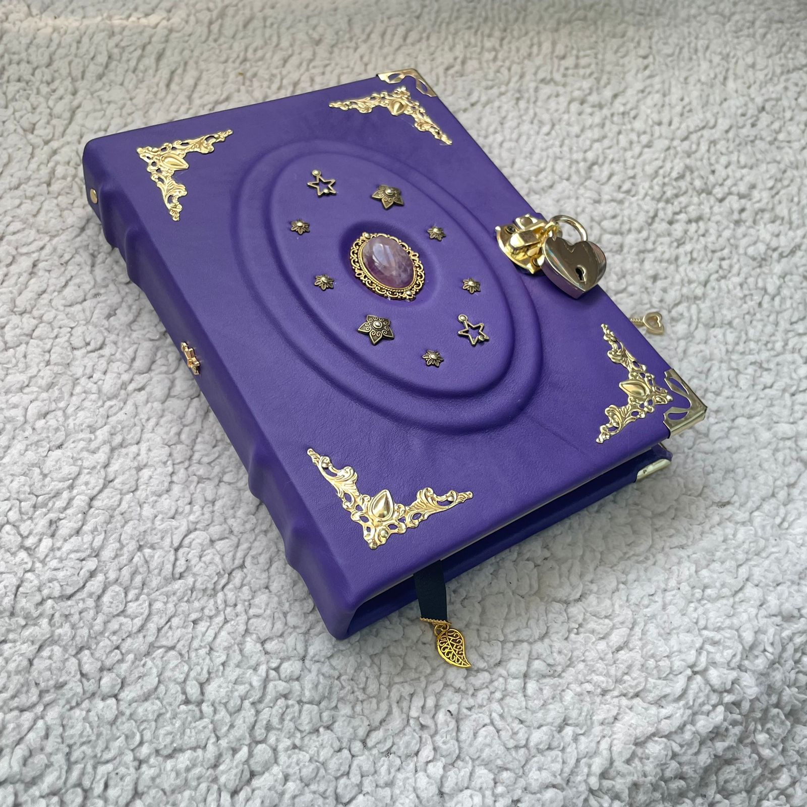 Purple Amethyst Grimoire • Leather Spellbook with Crystal & Lock • Handmade Wiccan Book of Shadows