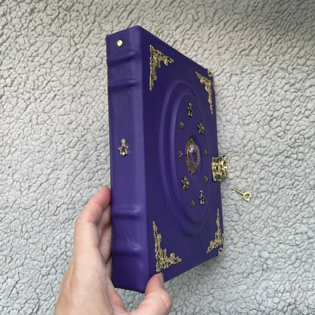 Purple Amethyst Grimoire • Leather Spellbook with Crystal & Lock • Handmade Wiccan Book of Shadows