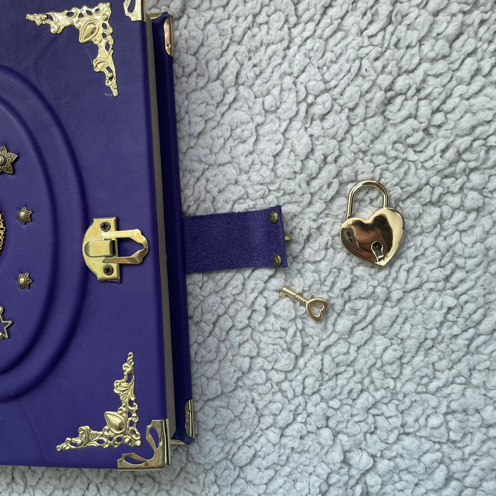 Purple Amethyst Grimoire • Leather Spellbook with Crystal & Lock • Handmade Wiccan Book of Shadows