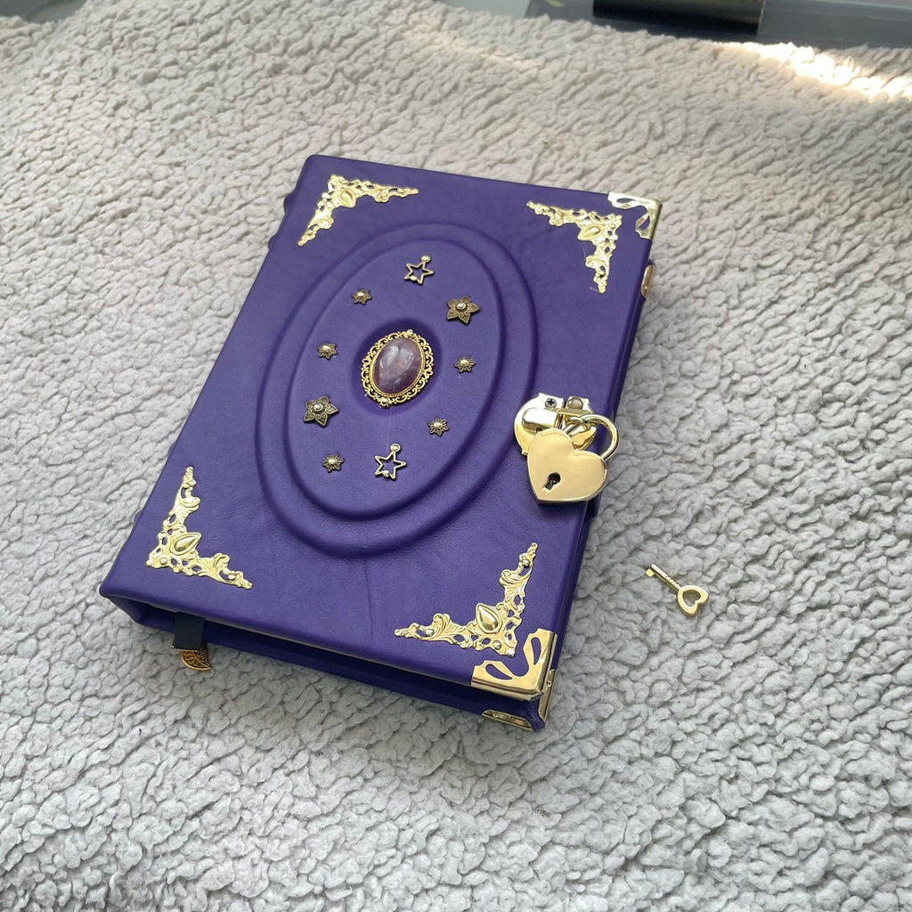 Purple Amethyst Grimoire • Leather Spellbook with Crystal & Lock • Handmade Wiccan Book of Shadows