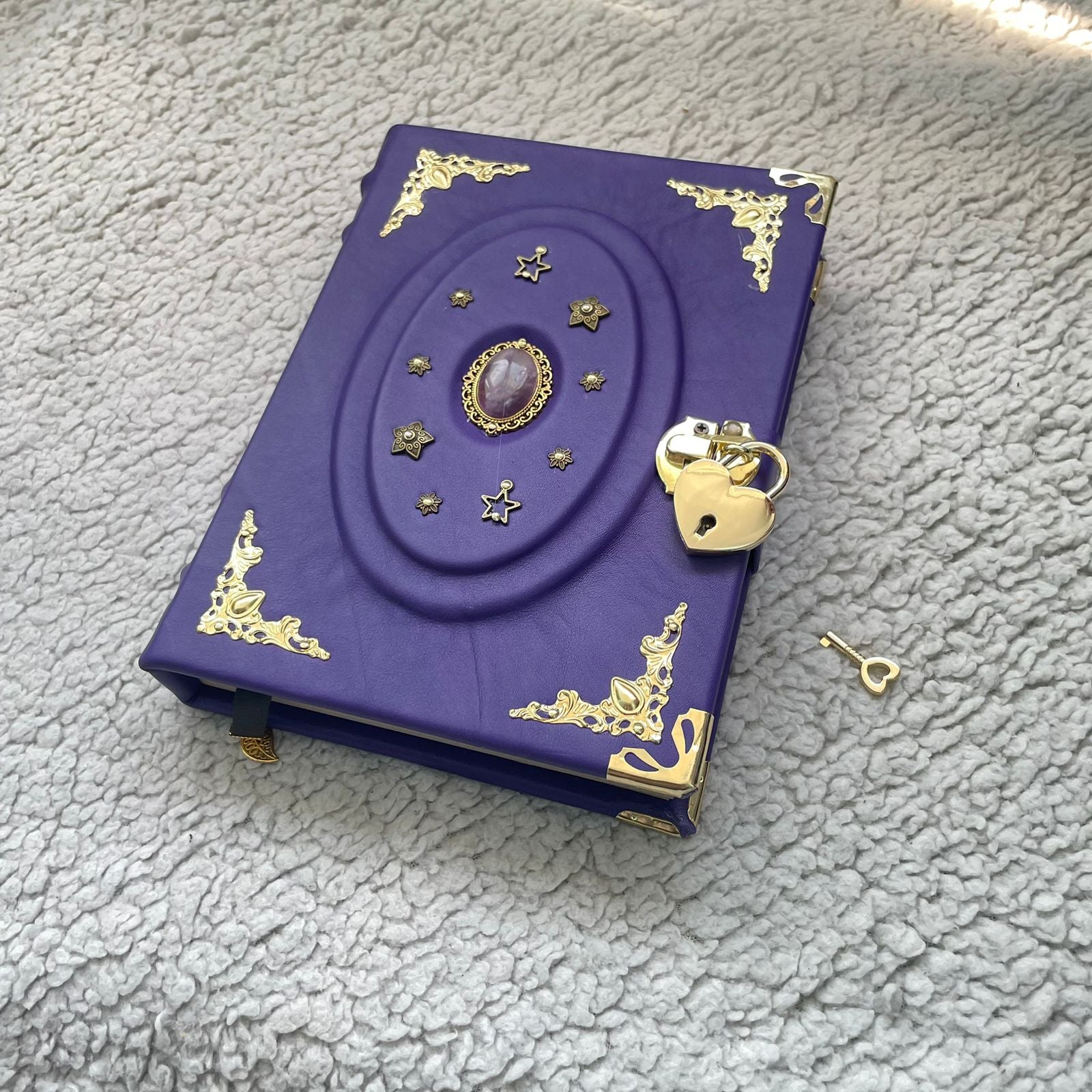 Purple Amethyst Grimoire • Leather Spellbook with Crystal & Lock • Handmade Wiccan Book of Shadows