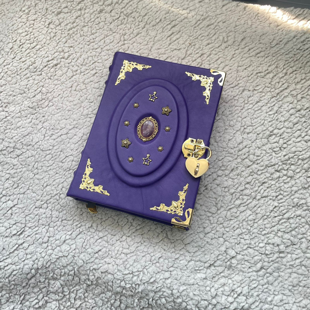 Purple Amethyst Grimoire • Leather Spellbook with Crystal & Lock • Handmade Wiccan Book of Shadows