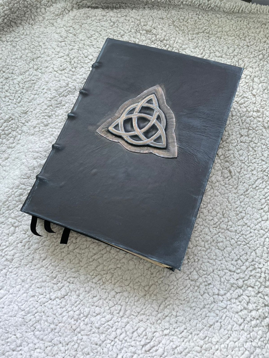 Handmade Black Leather Grimoire with Triquetra • Aged Spellbook • A4 Witchcraft Journal • 600 Pages