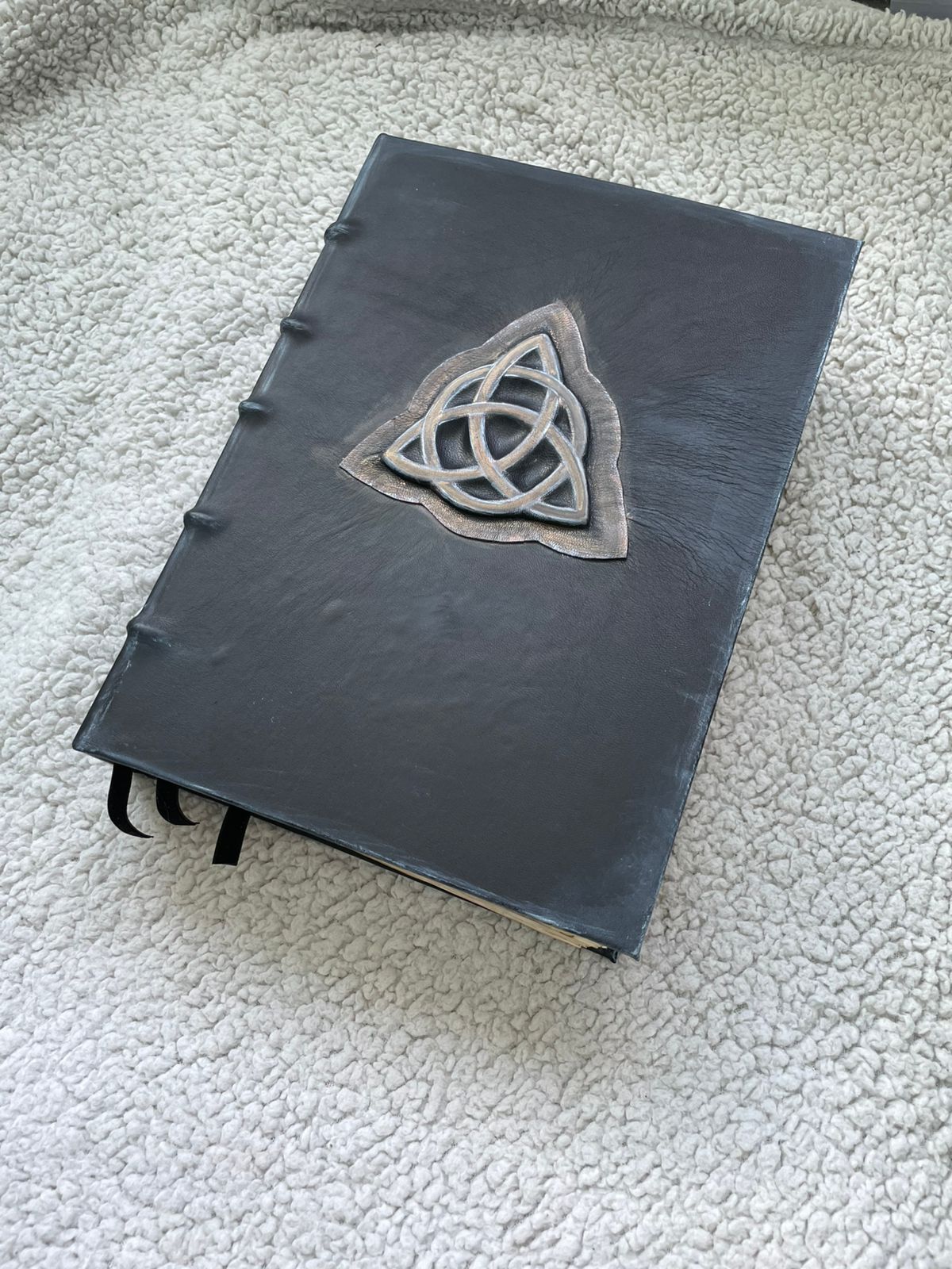 Handmade Black Leather Grimoire with Triquetra • Aged Spellbook • A4 Witchcraft Journal • 600 Pages