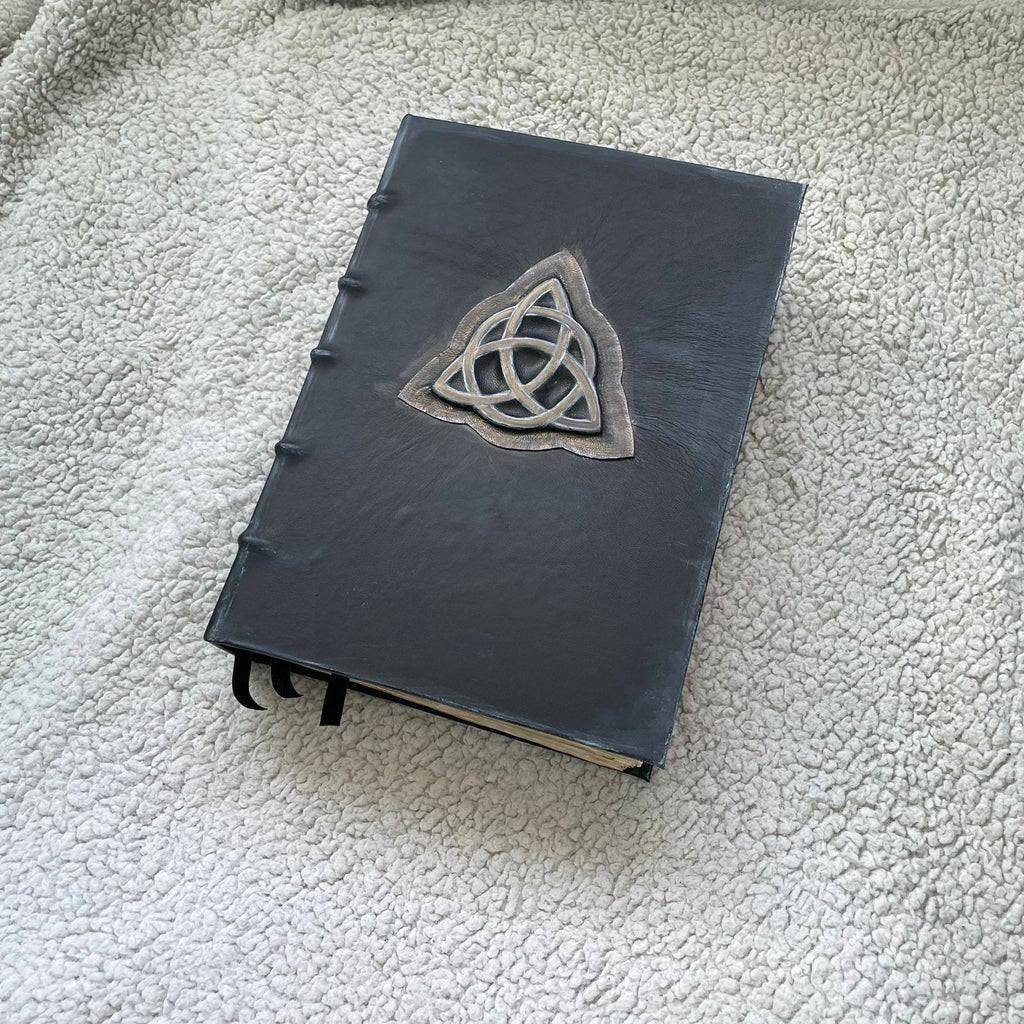 Handmade Black Leather Grimoire with Triquetra • Aged Spellbook • A4 Witchcraft Journal • 600 Pages