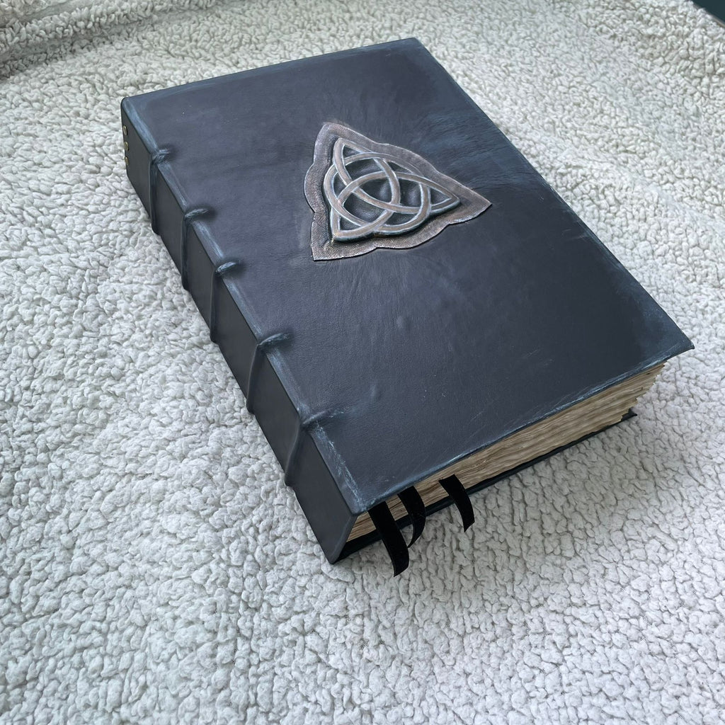 Handmade Black Leather Grimoire with Triquetra • Aged Spellbook • A4 Witchcraft Journal • 600 Pages