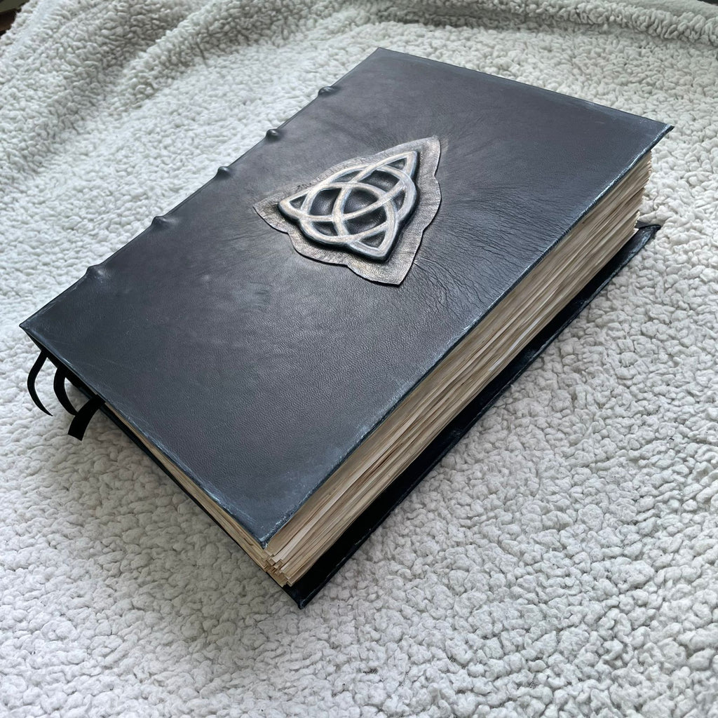 Handmade Black Leather Grimoire with Triquetra • Aged Spellbook • A4 Witchcraft Journal • 600 Pages