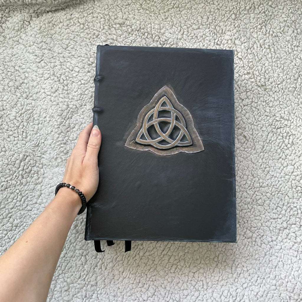 Handmade Black Leather Grimoire with Triquetra • Aged Spellbook • A4 Witchcraft Journal • 600 Pages