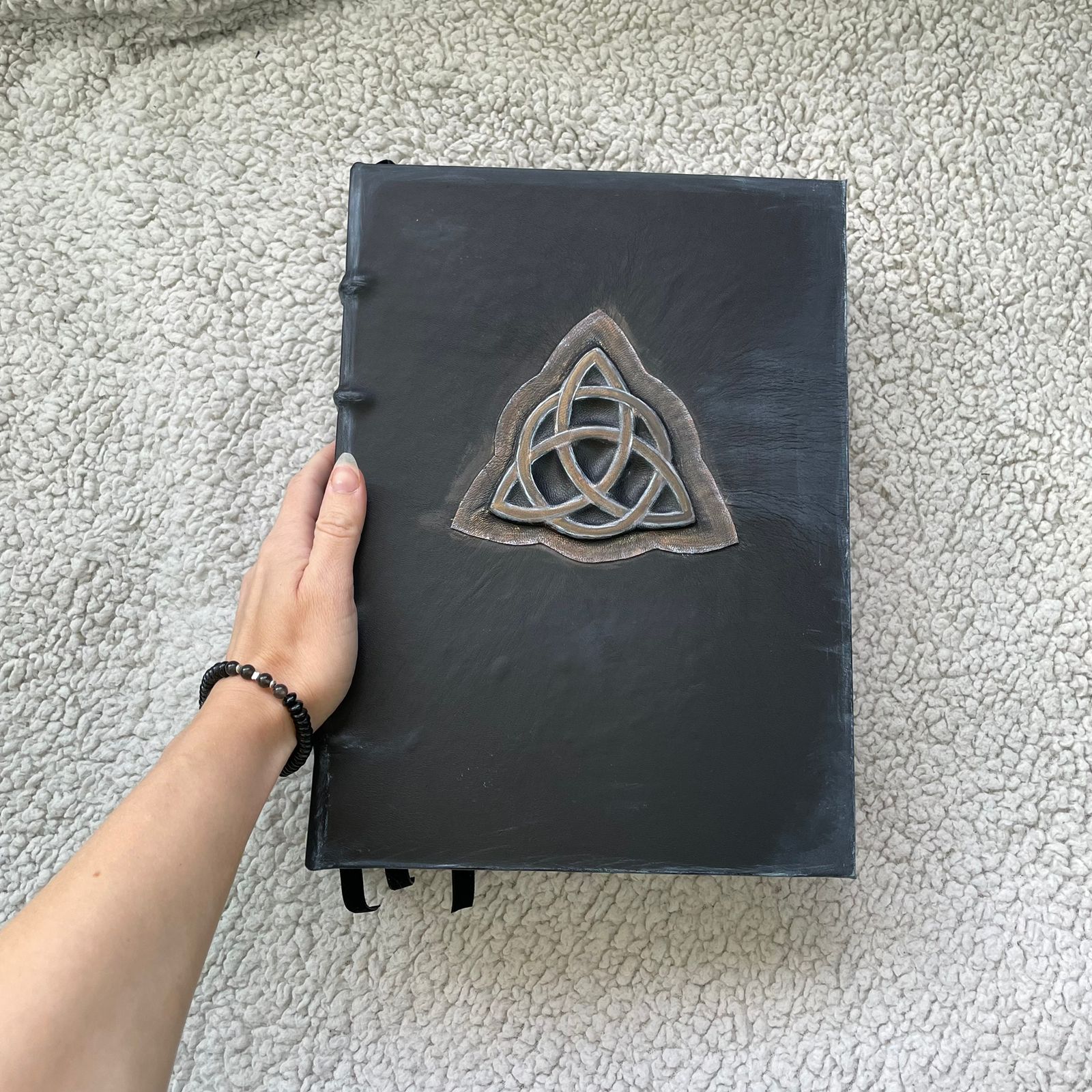 Handmade Black Leather Grimoire with Triquetra • Aged Spellbook • A4 Witchcraft Journal • 600 Pages