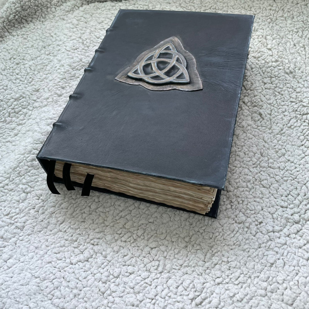 Handmade Black Leather Grimoire with Triquetra • Aged Spellbook • A4 Witchcraft Journal • 600 Pages