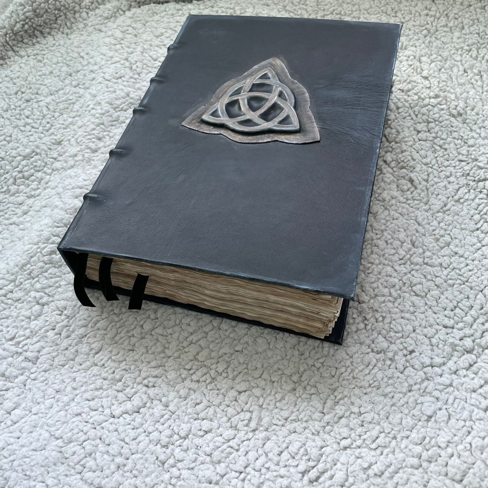 Handmade Black Leather Grimoire with Triquetra • Aged Spellbook • A4 Witchcraft Journal • 600 Pages