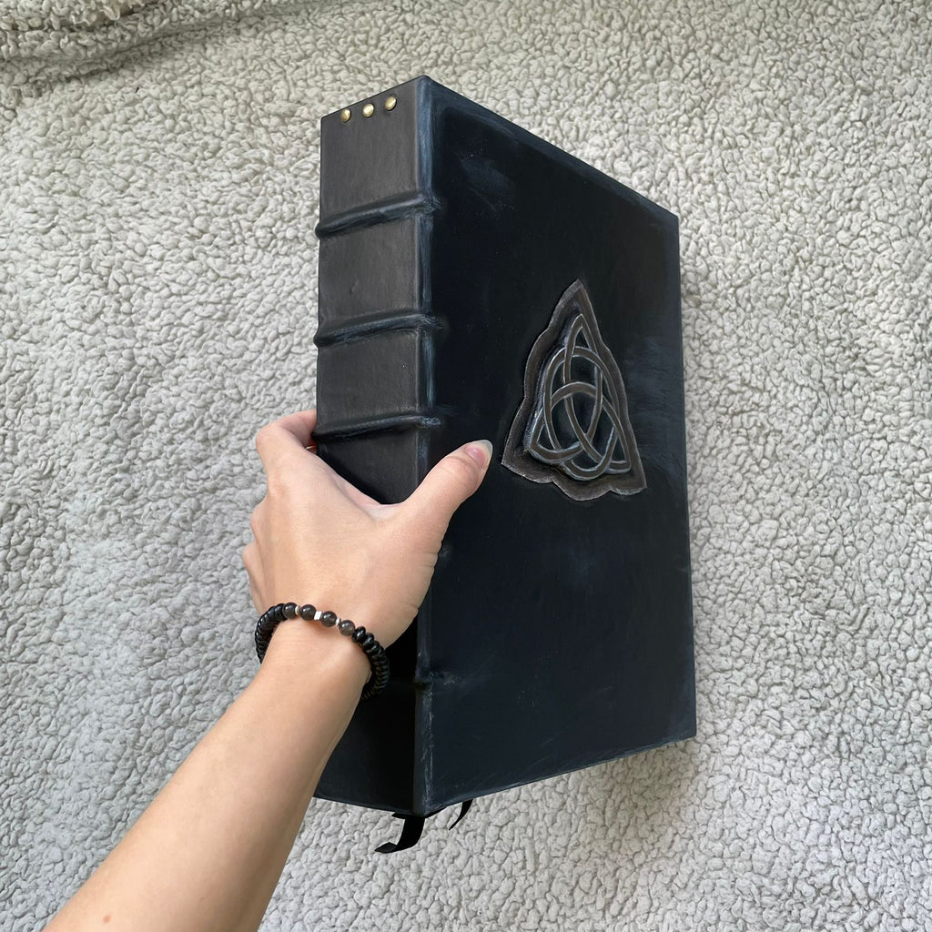 Handmade Black Leather Grimoire with Triquetra • Aged Spellbook • A4 Witchcraft Journal • 600 Pages