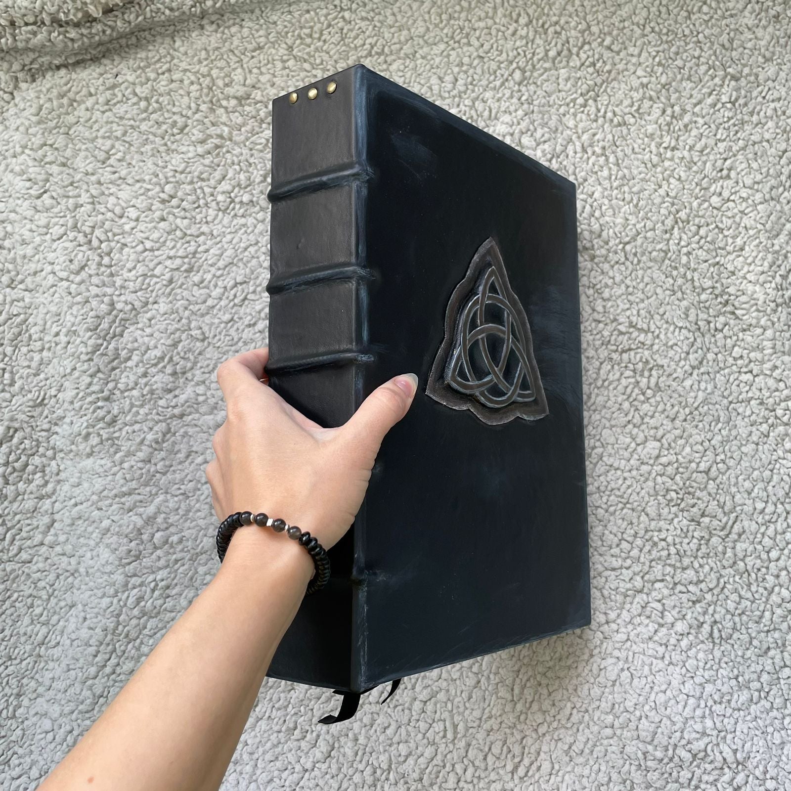 Handmade Black Leather Grimoire with Triquetra • Aged Spellbook • A4 Witchcraft Journal • 600 Pages