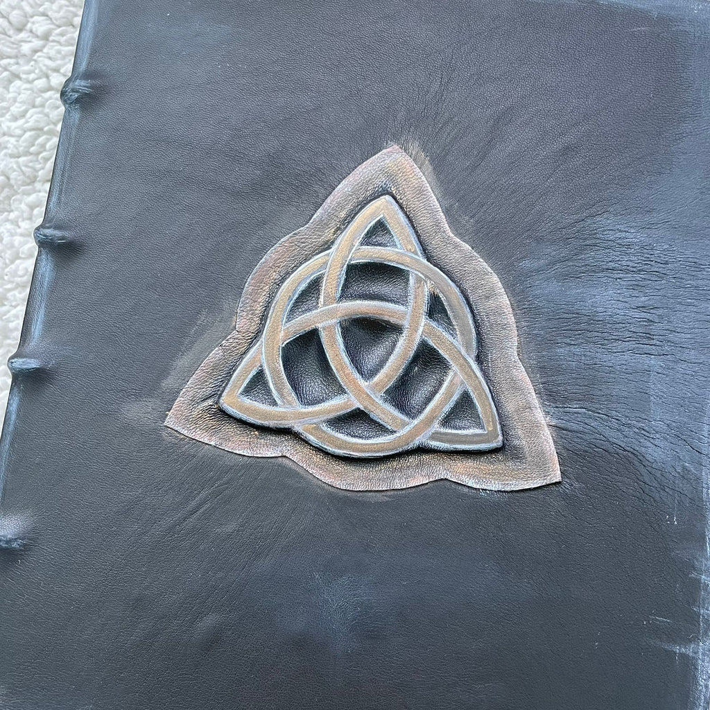 Handmade Black Leather Grimoire with Triquetra • Aged Spellbook • A4 Witchcraft Journal • 600 Pages