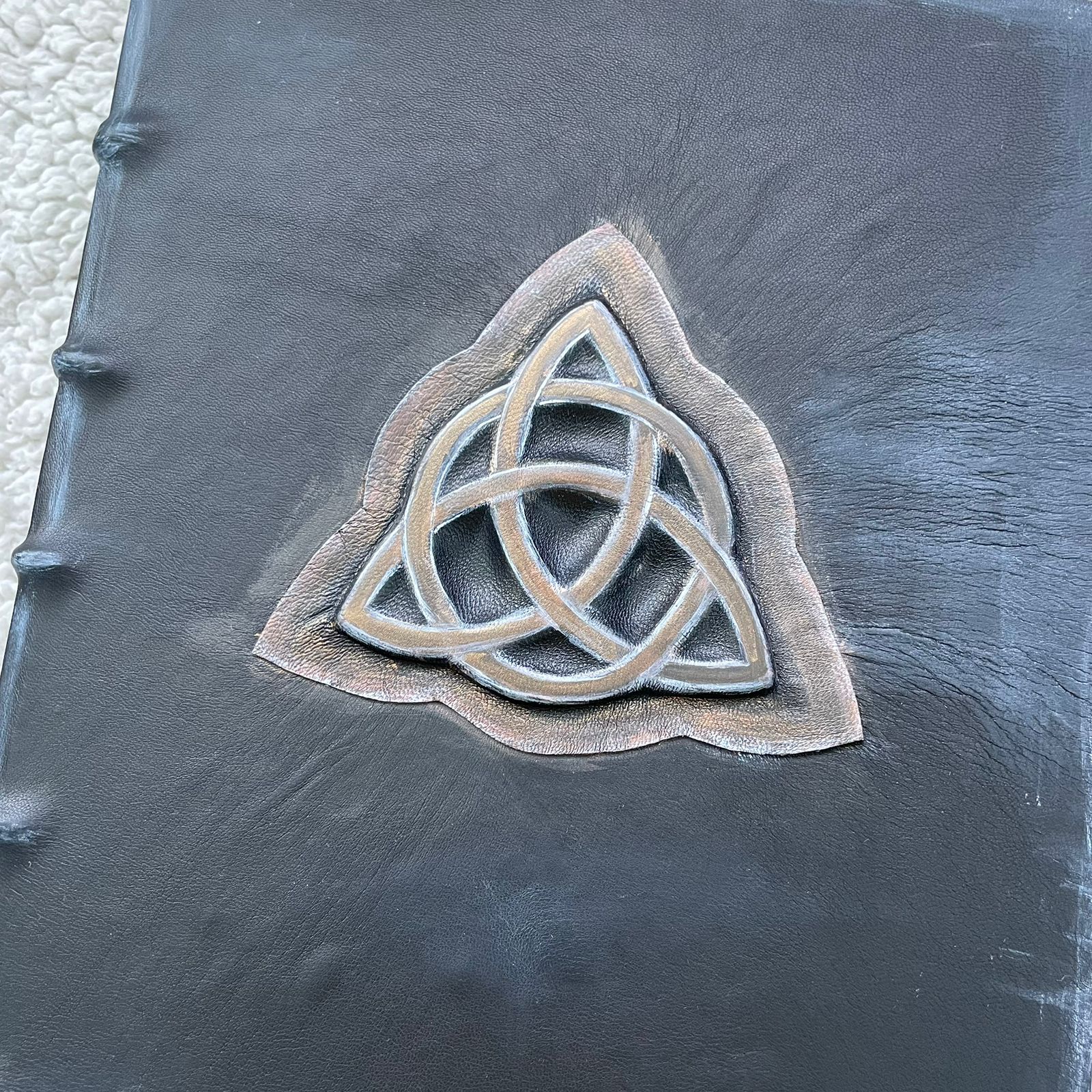 Handmade Black Leather Grimoire with Triquetra • Aged Spellbook • A4 Witchcraft Journal • 600 Pages