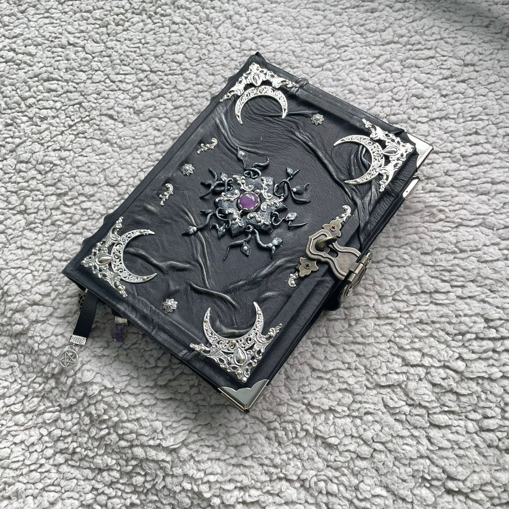 Gothic Leather Grimoire: Amethyst & Silver - Handmade Witchcraft Journal