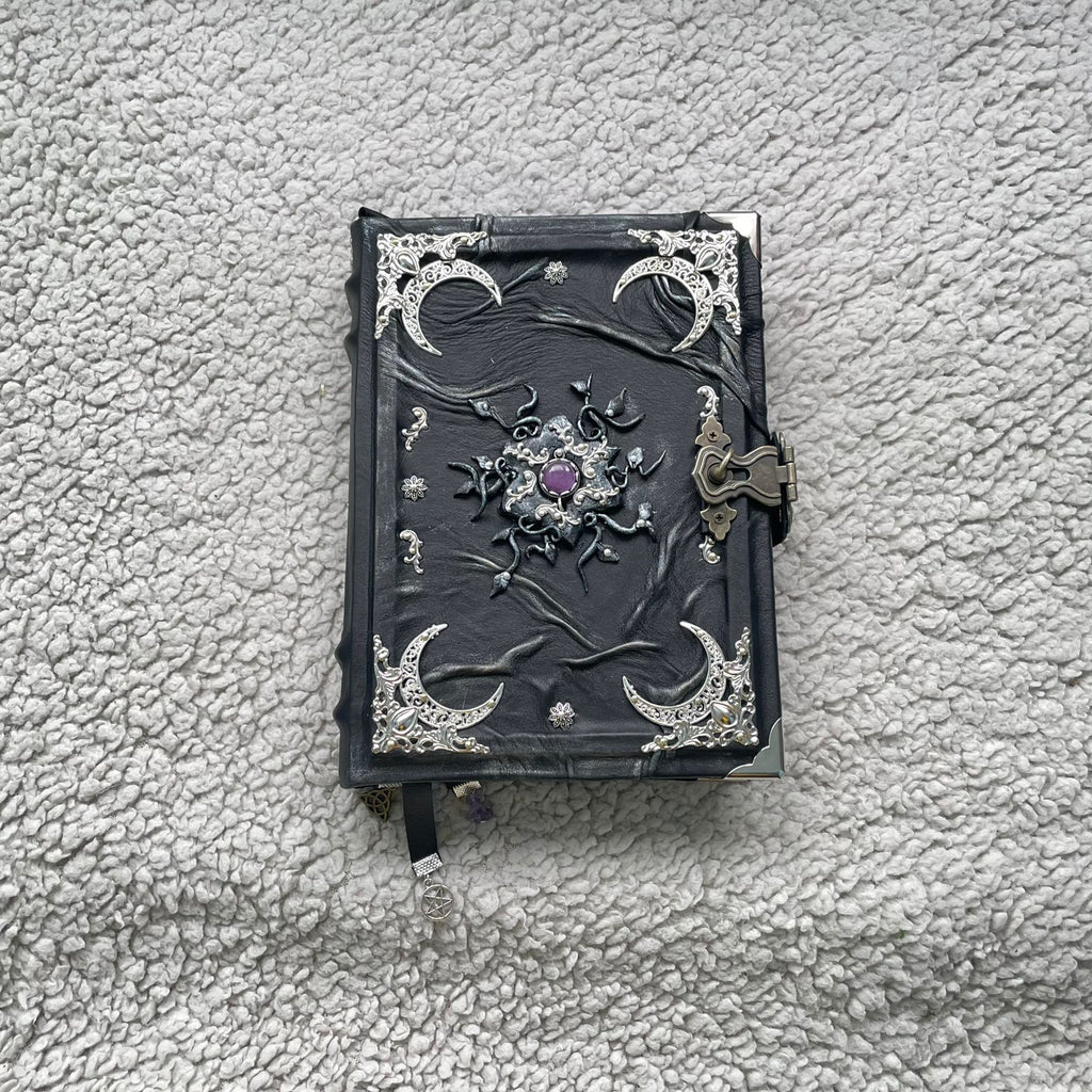 Gothic Leather Grimoire: Amethyst & Silver - Handmade Witchcraft Journal