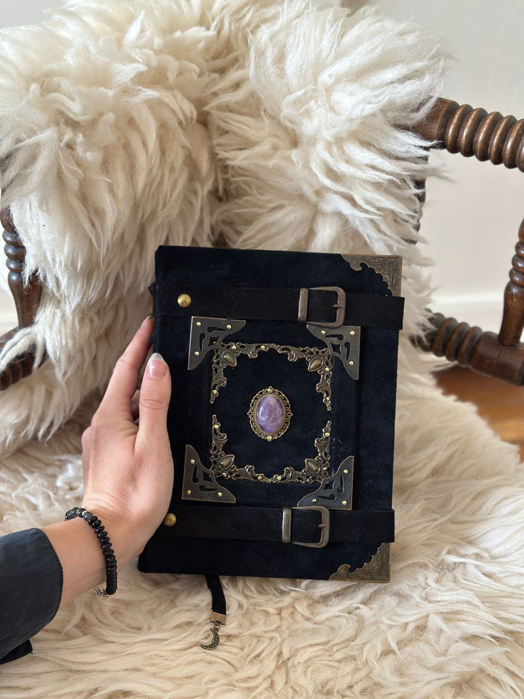 Medieval Black Suede Grimoire Handmade Spellbook with Amethyst • Buckle Straps & Bronze Details