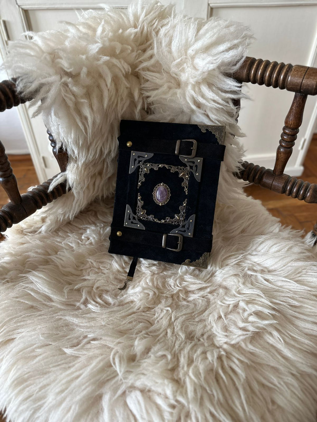 Medieval Black Suede Grimoire Handmade Spellbook with Amethyst • Buckle Straps & Bronze Details