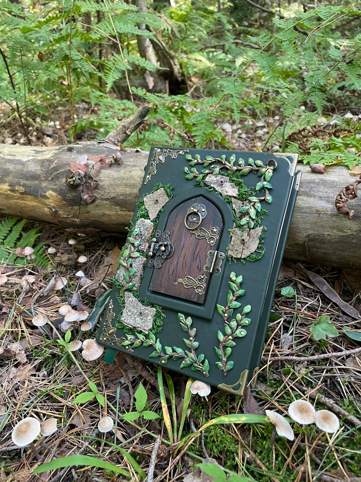 The Door to Fairyland Grimoire – Green Leather Journal with Working Door, Personalized Message