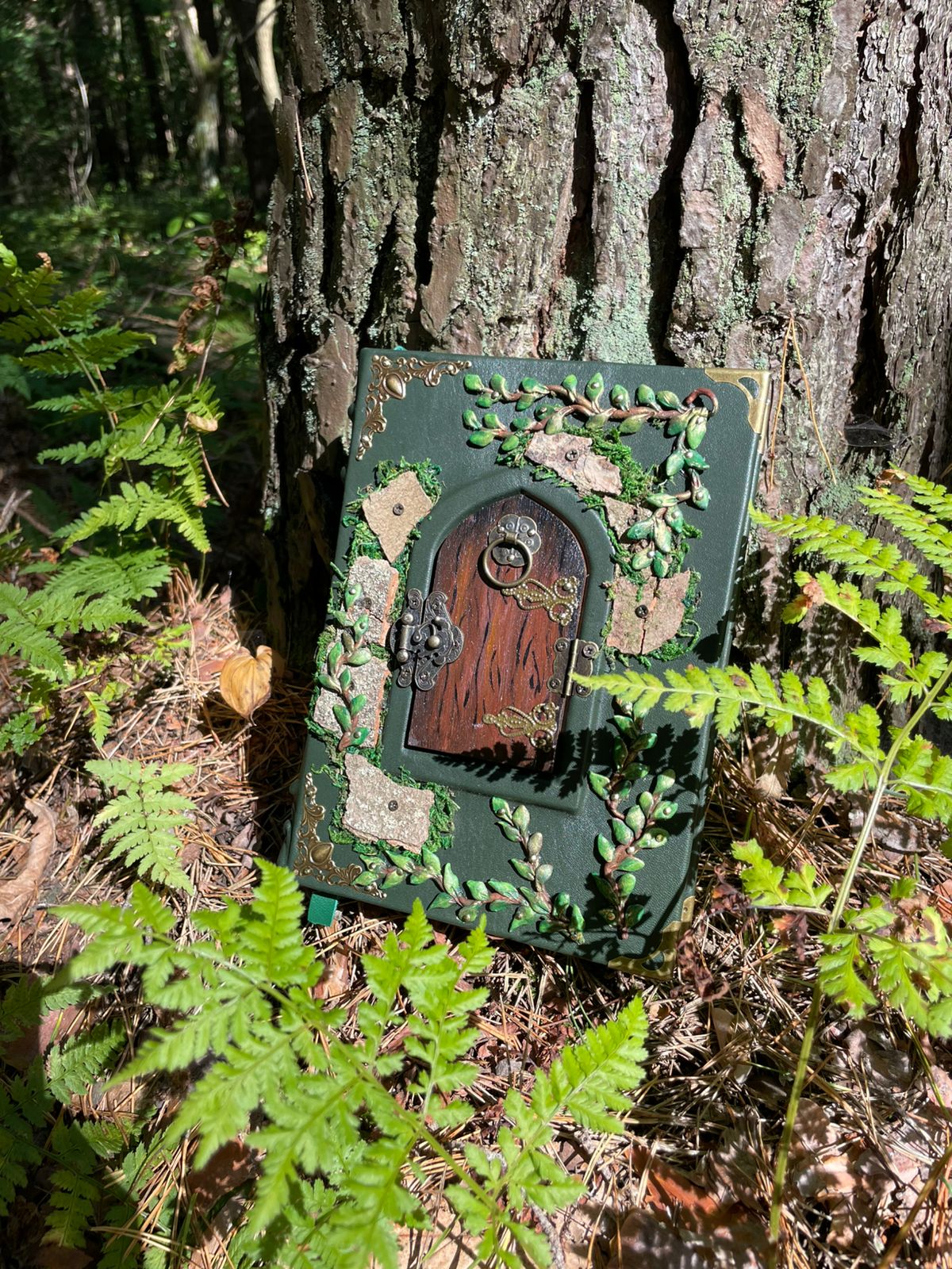 The Door to Fairyland Grimoire – Green Leather Journal with Working Door, Personalized Message