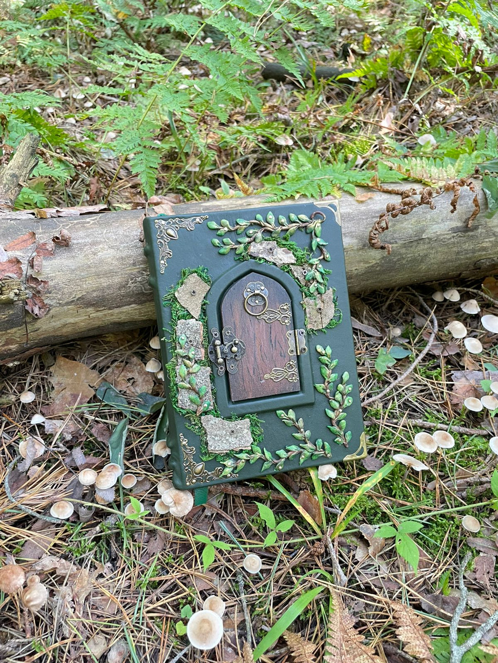 The Door to Fairyland Grimoire – Green Leather Journal with Working Door, Personalized Message