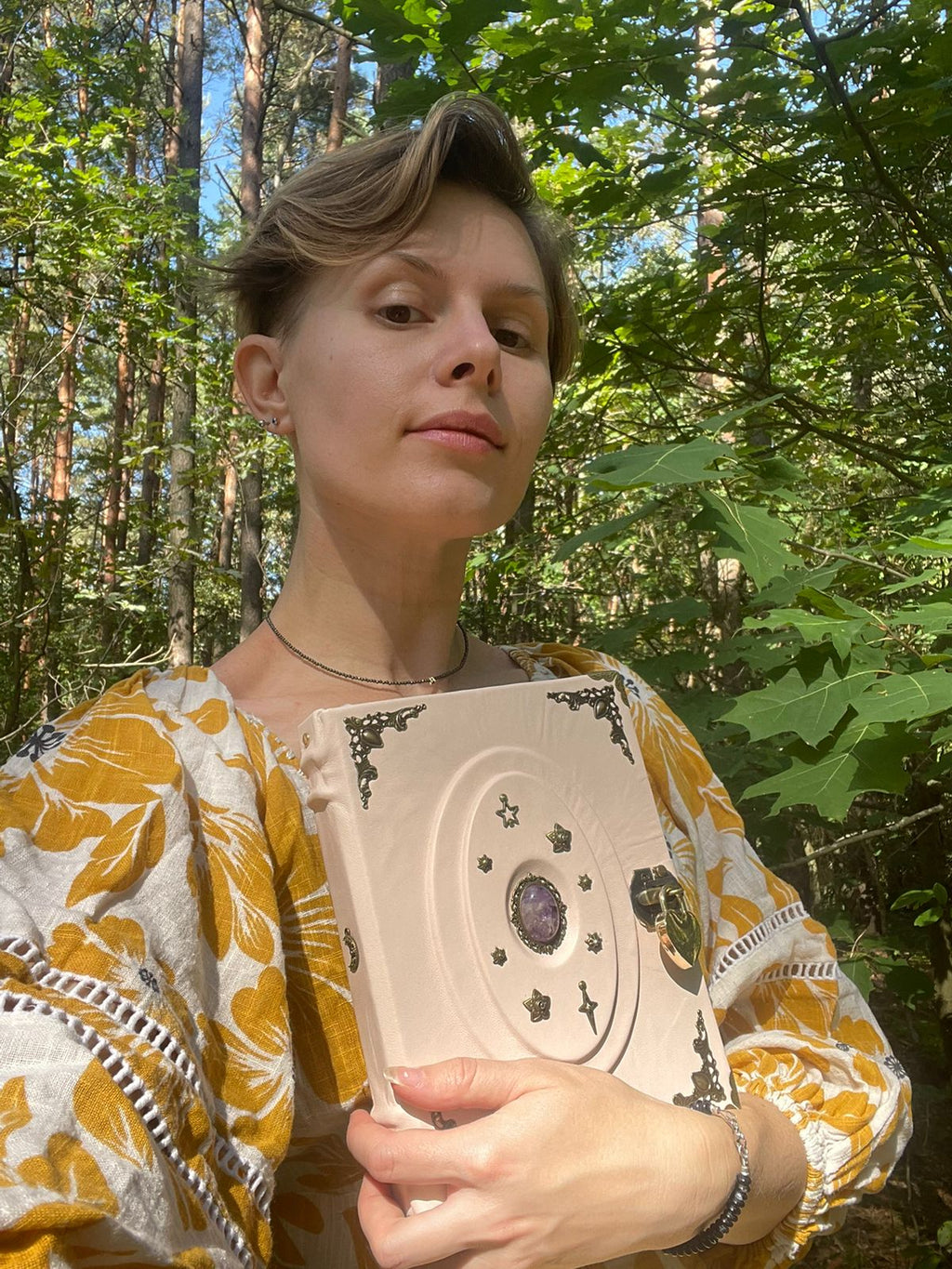 Light Pink Amethyst Grimoire with Lock - Handmade Leather Book of Shadows • Spellbook with Heart Padlock