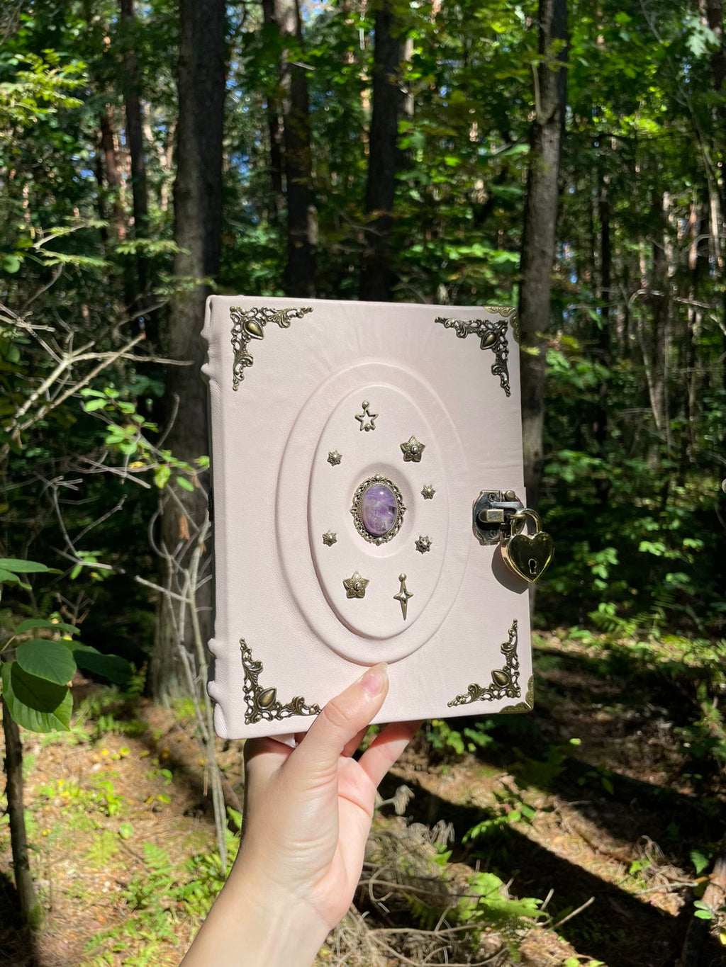 Light Pink Amethyst Grimoire with Lock - Handmade Leather Book of Shadows • Spellbook with Heart Padlock