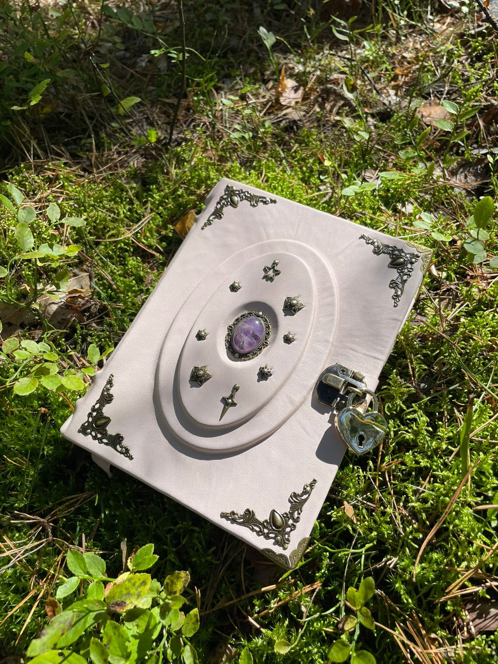 Light Pink Amethyst Grimoire with Lock - Handmade Leather Book of Shadows • Spellbook with Heart Padlock