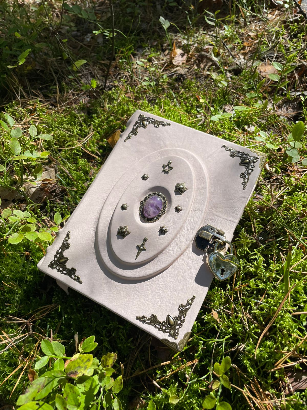 Light Pink Amethyst Grimoire with Lock - Handmade Leather Book of Shadows • Spellbook with Heart Padlock